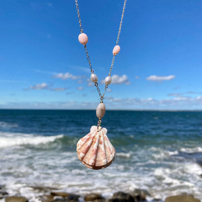 Pink Opal, Pearl & Shell Gold Necklace