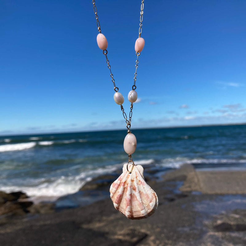 Pink Opal, Pearl & Shell Gold Necklace