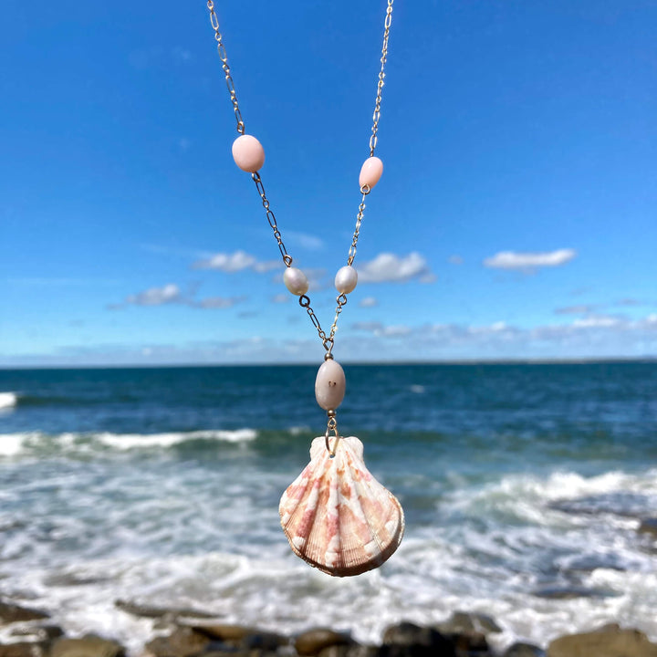 Pink Opal, Pearl & Shell Gold Necklace