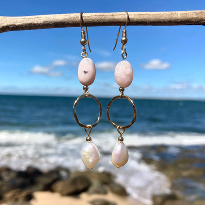 Pink Opal & Pearl Gold Hoop healing Earrings