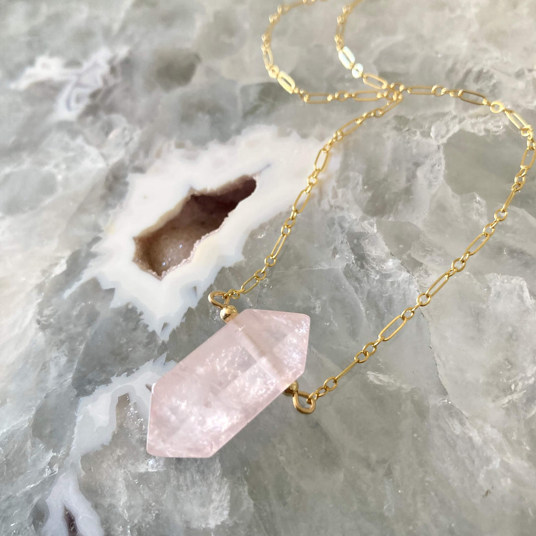 I Am Compassionate Rose Quartz and Gold Necklace for healing