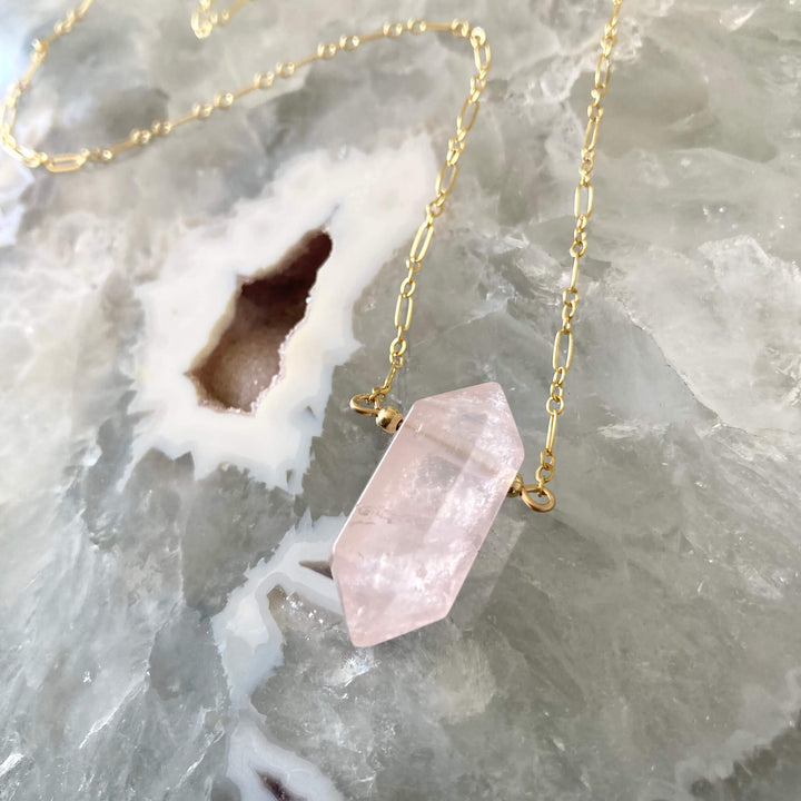 I Am Compassionate Rose Quartz and Gold Crystal Necklace