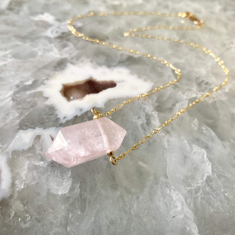I Am Compassionate Rose Quartz and Gold Healing Crystal Necklace