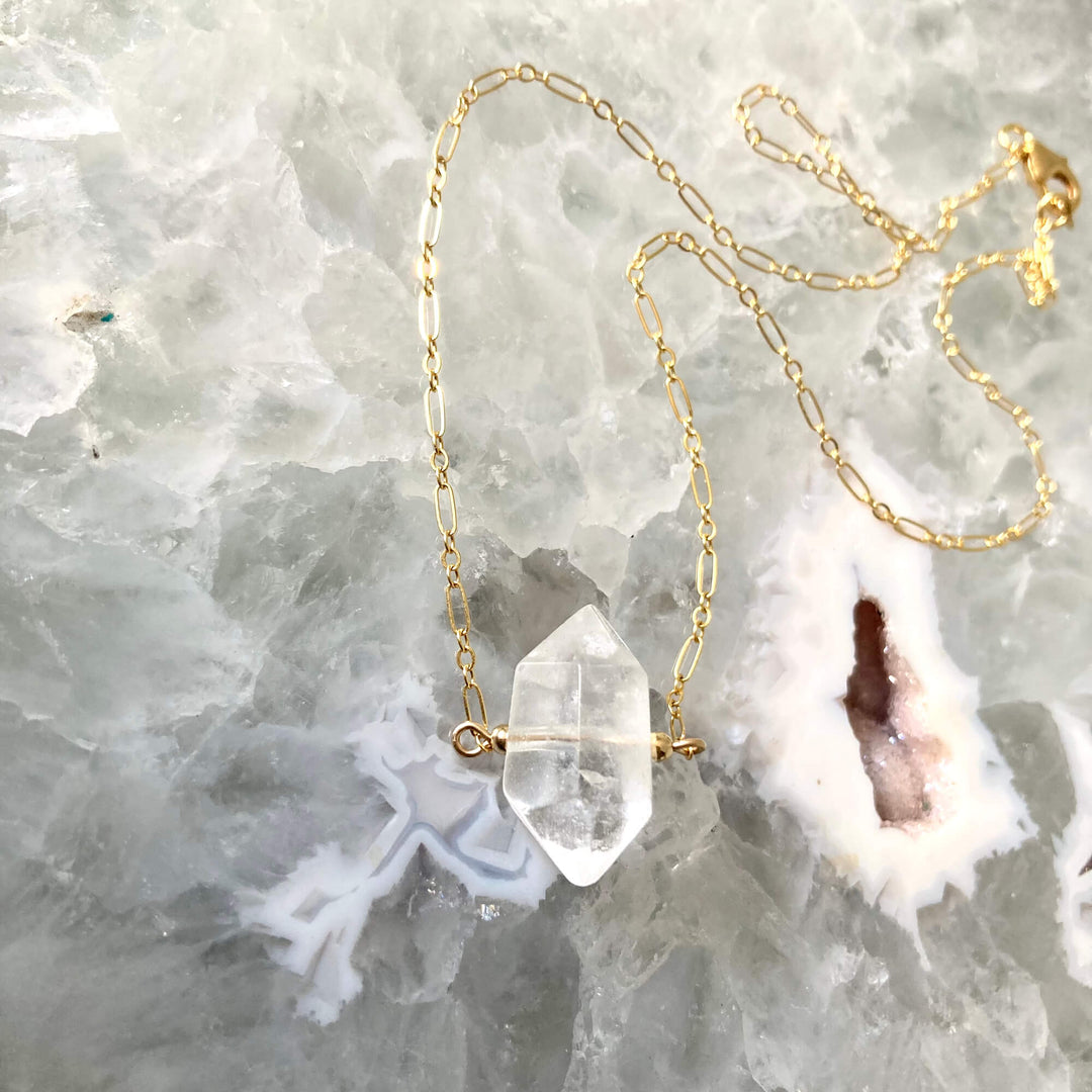 I Am Guided Crystal Clear Quartz and Gold Necklace