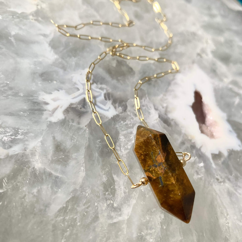 I Am Protected Tigers eye and Gold Crystal healing Necklace