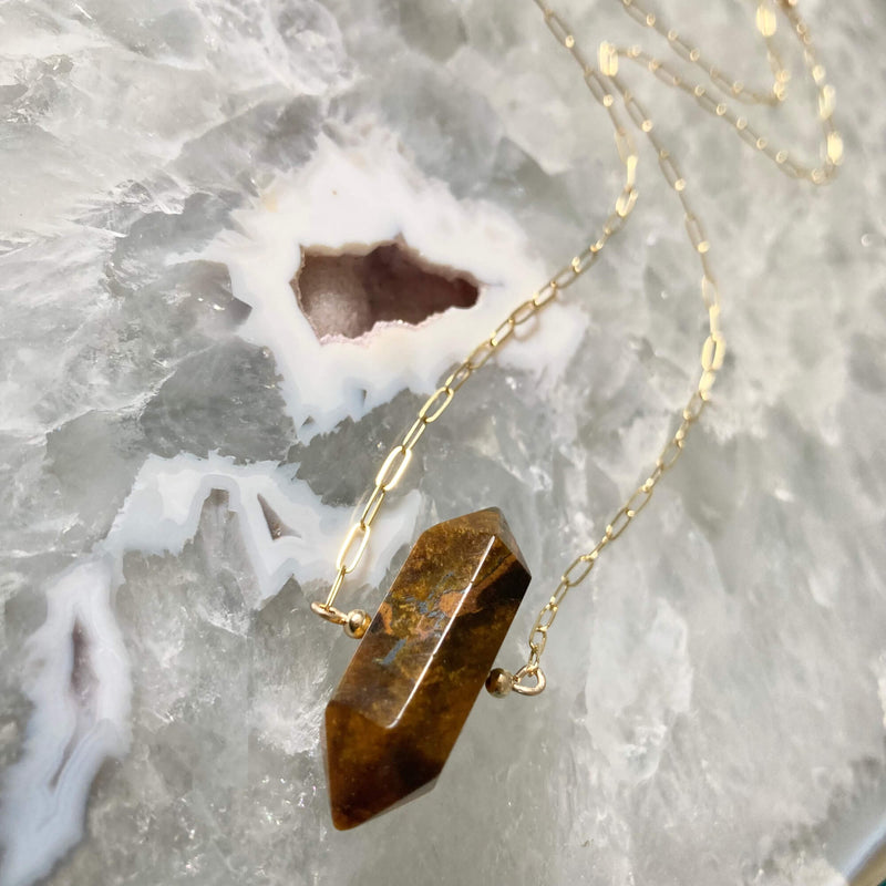 I Am Protected Tigers eye and Gold Healing Crystal Necklace