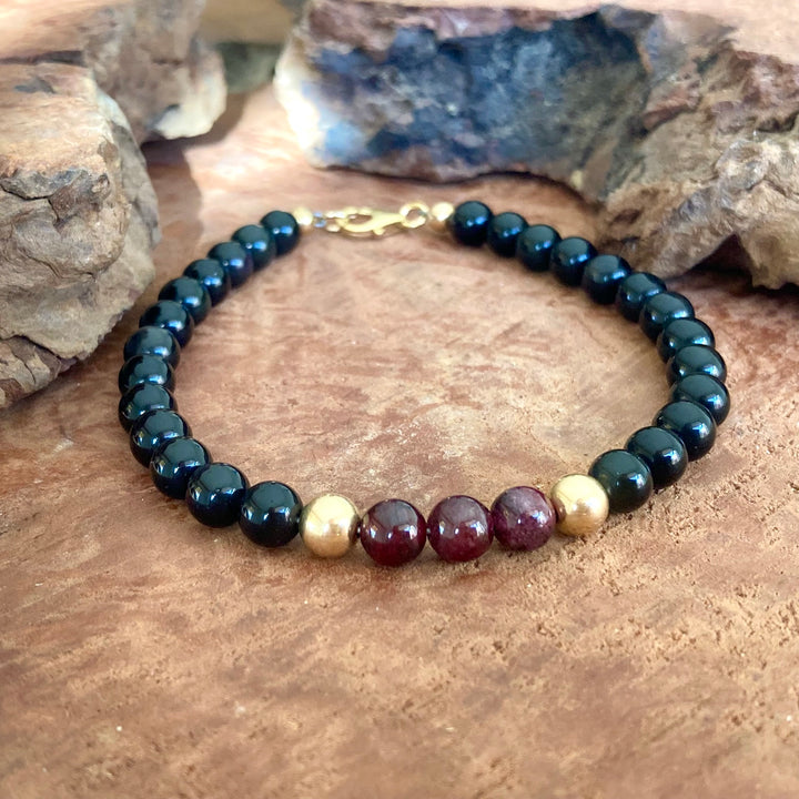 Embodying the Inner Warrior - Garnet & Black Obsidian - Gold Men's Bracelet