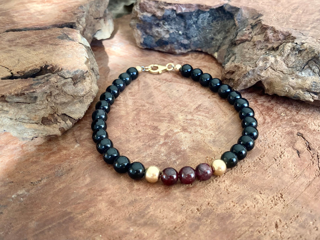 Embodying the Inner Warrior - Garnet & Black Obsidian - Gold Men's Bracelet