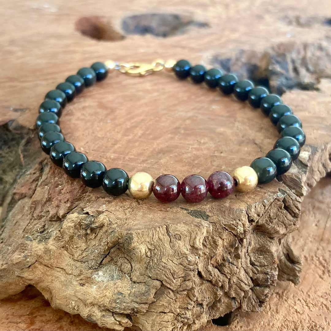 Embodying the Inner Warrior - Garnet & Black Obsidian - Gold Men's Bracelet