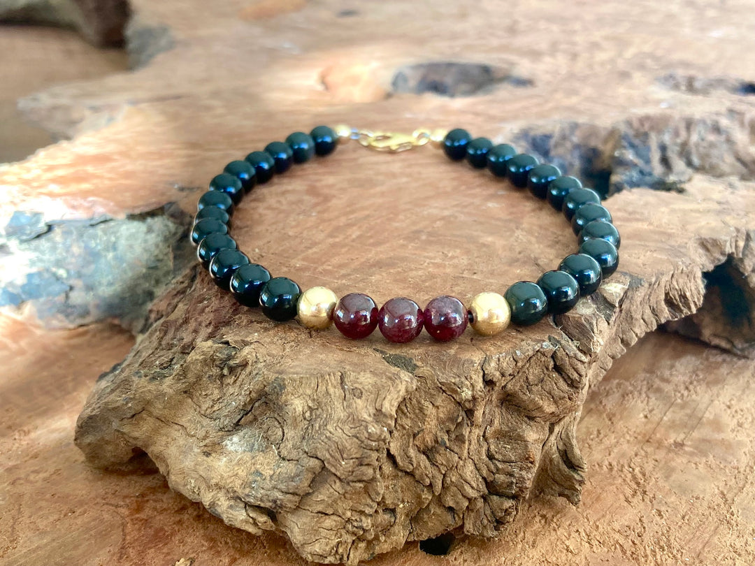 Embodying the Inner Warrior - Garnet & Black Obsidian - Gold Men's Bracelet