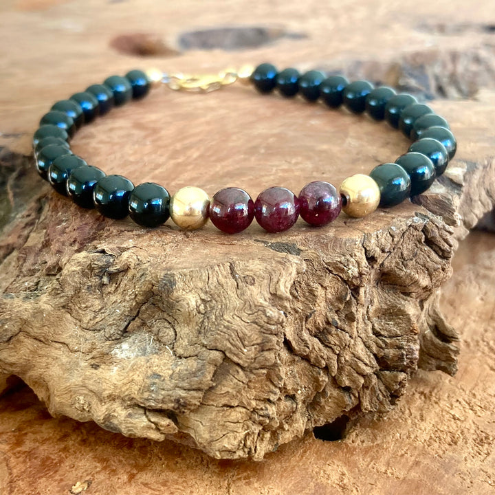 Embodying the Inner Warrior - Garnet & Black Obsidian - Gold Men's Bracelet