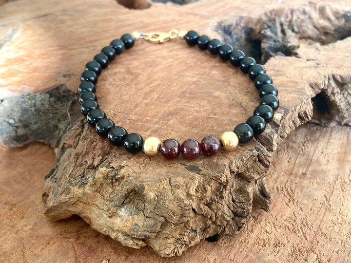 Embodying the Inner Warrior - Garnet & Black Obsidian - Gold Men's Bracelet