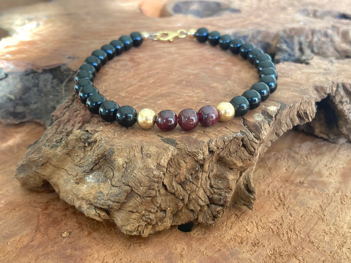 Embodying the Inner Warrior - Garnet & Black Obsidian - Gold Men's Bracelet