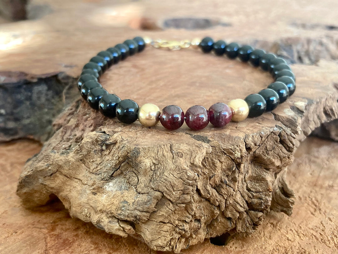 Embodying the Inner Warrior - Garnet & Black Obsidian - Gold Men's Bracelet