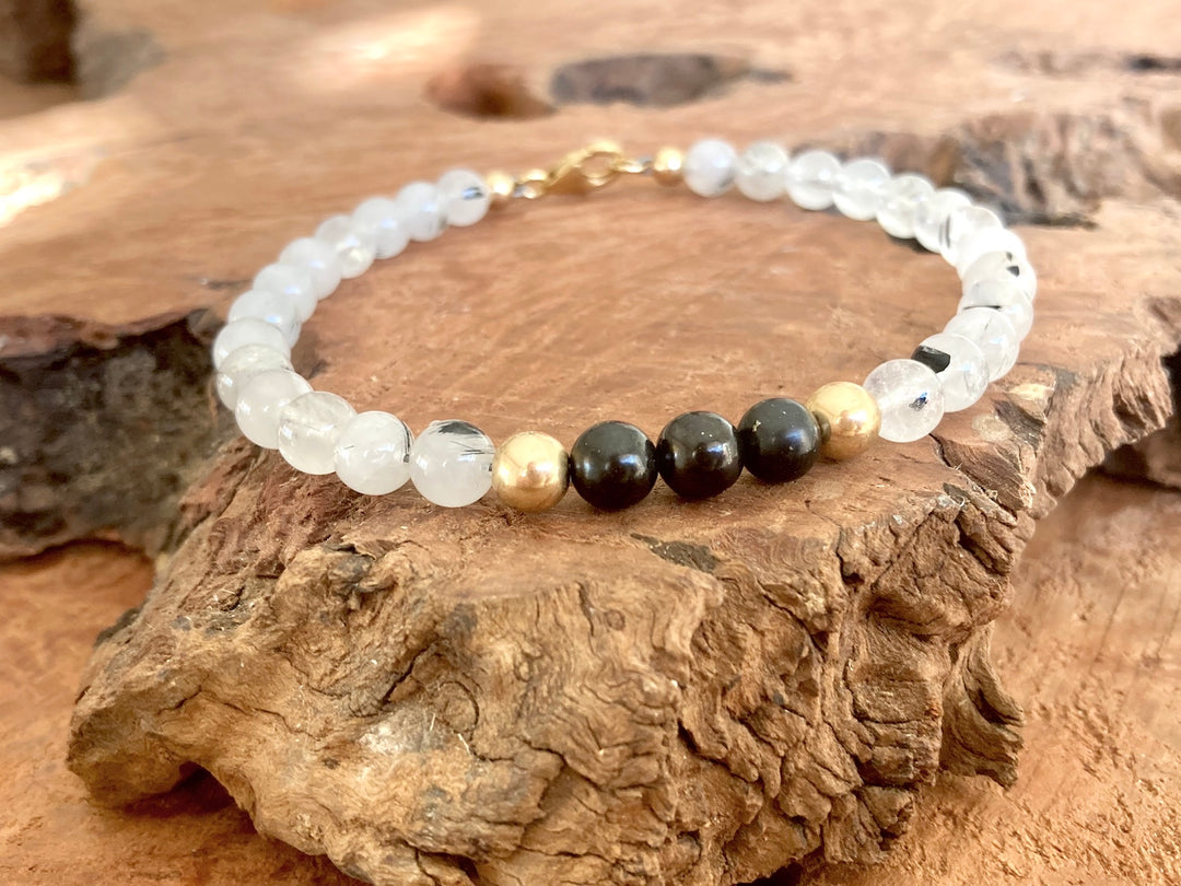 Duality - Shungite & Tourmalinated Quartz - Gold Men's Bracelet