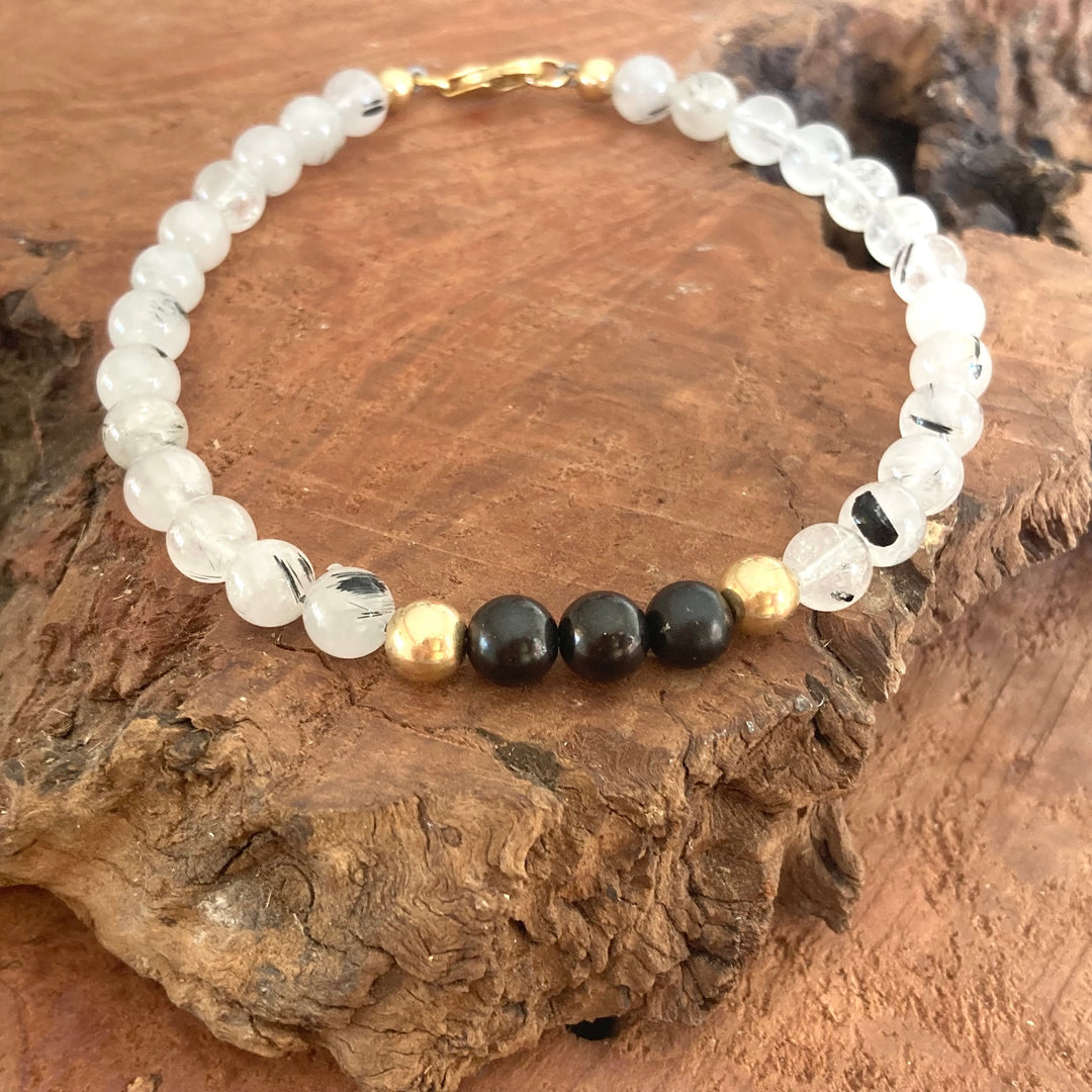 Duality - Shungite & Tourmalinated Quartz - Gold Men's Bracelet