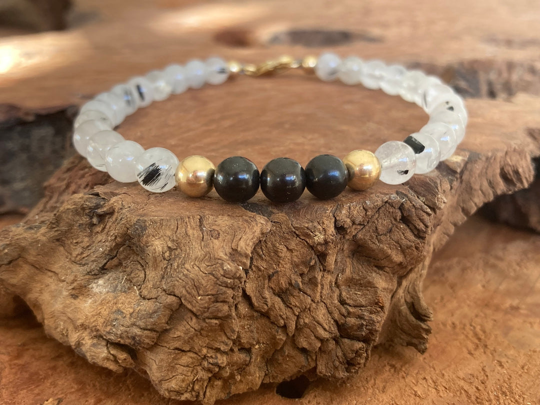 Duality - Shungite & Tourmalinated Quartz - Gold Men's Bracelet