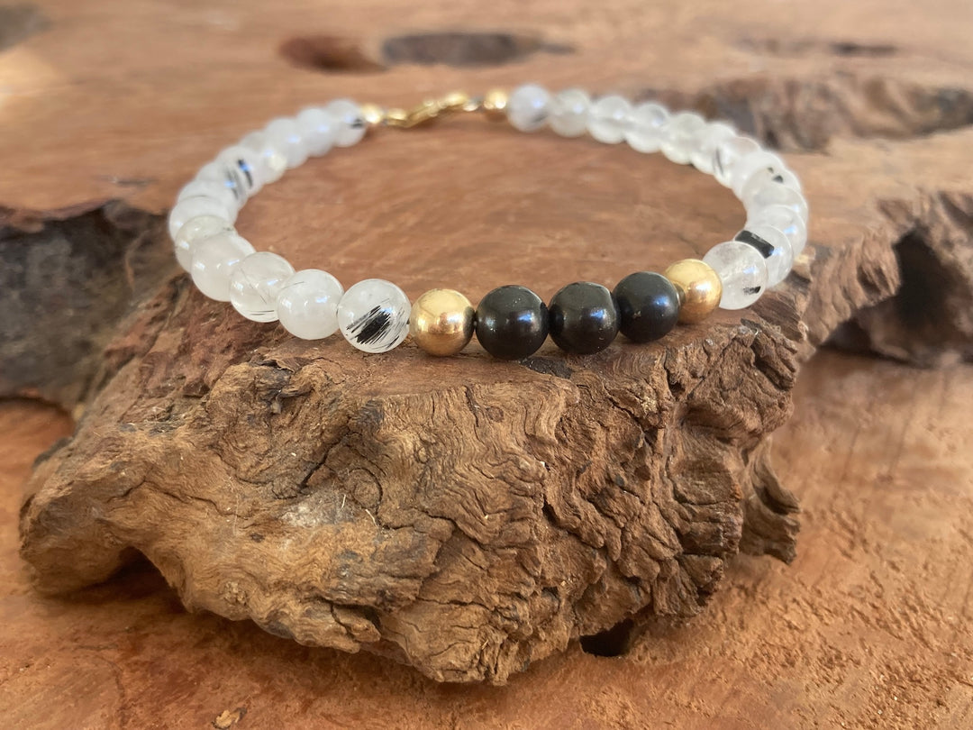 Duality - Shungite & Tourmalinated Quartz - Gold Men's Bracelet