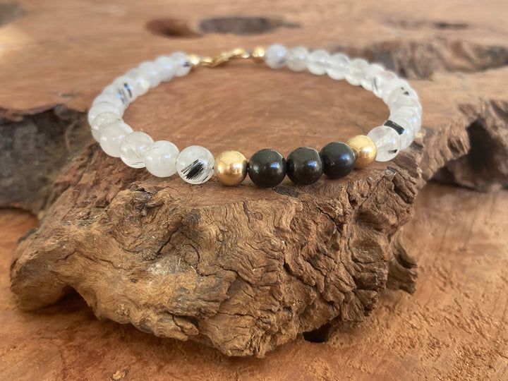 Duality - Shungite & Tourmalinated Quartz - Gold Men's Bracelet