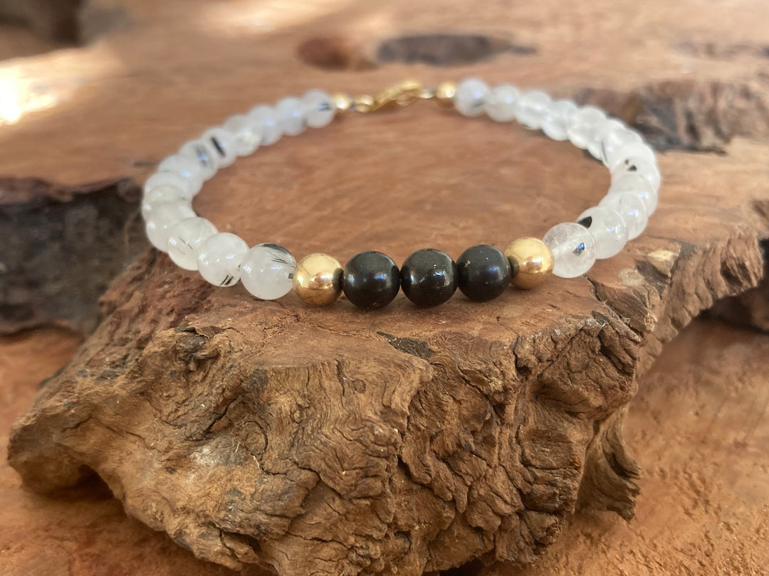 Duality - Shungite & Tourmalinated Quartz - Gold Men's Bracelet