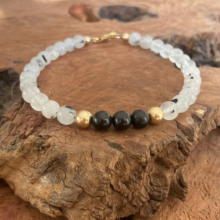 Duality - Shungite & Tourmalinated Quartz - Gold Men's Bracelet