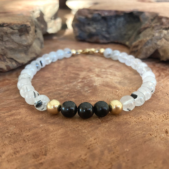 Duality - Shungite & Tourmalinated Quartz - Gold Men's Bracelet