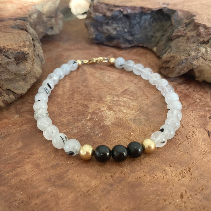 Duality - Shungite & Tourmalinated Quartz - Gold Men's Bracelet