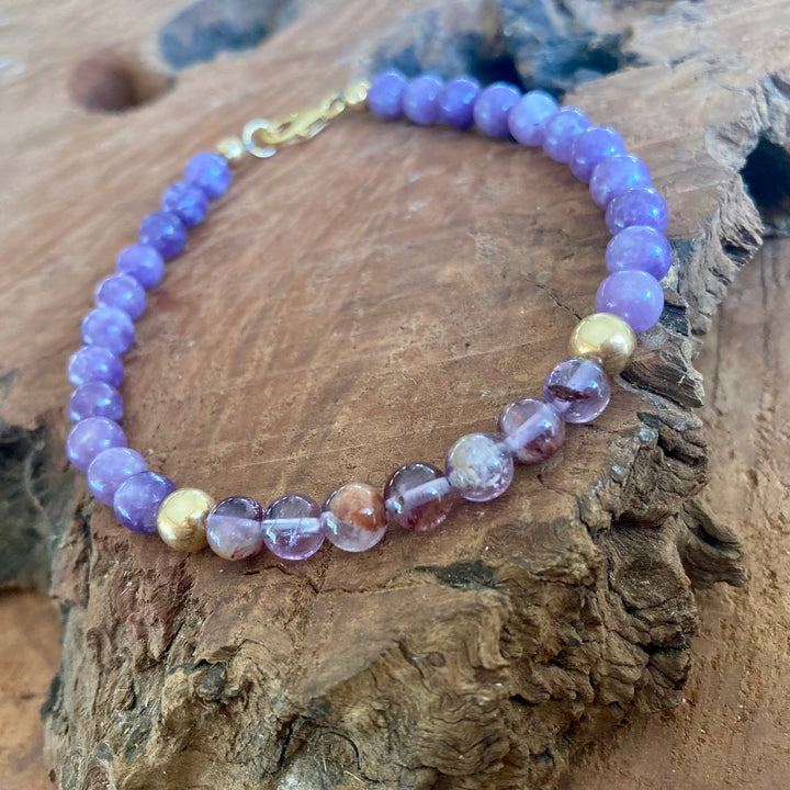 You Are Your Own Guru - Phosphosiderite & Purple Lodolite - Gold Men's Bracelet