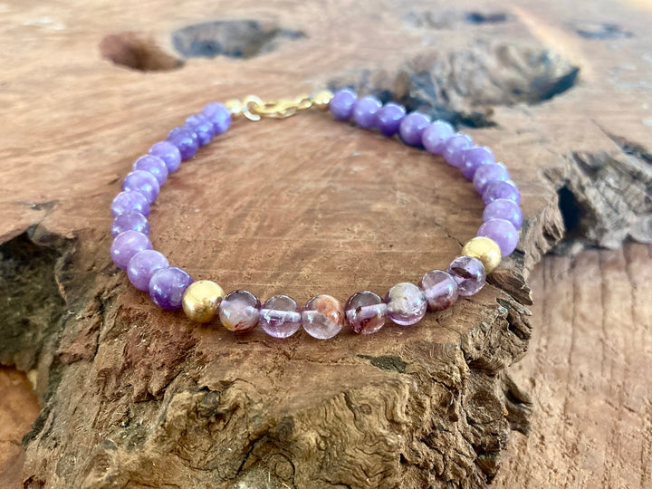 You Are Your Own Guru - Phosphosiderite & Purple Lodolite - Gold Men's Bracelet