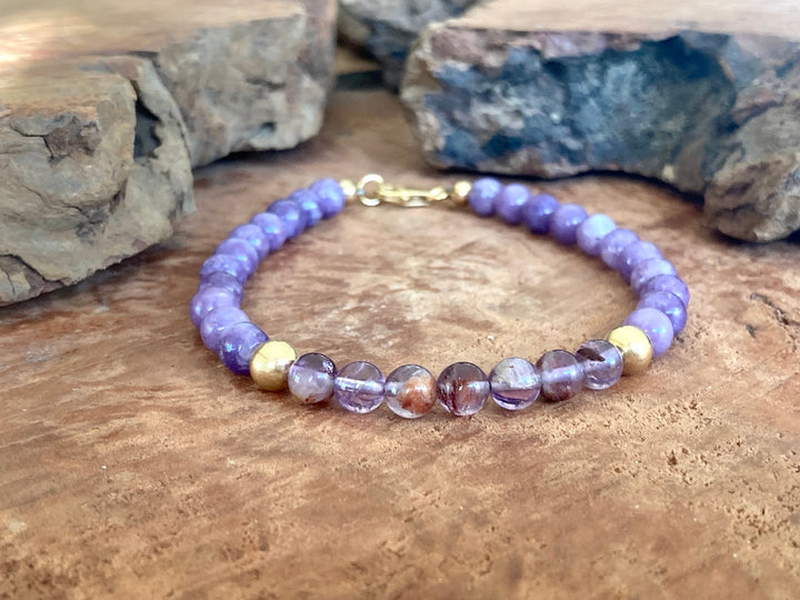 You Are Your Own Guru - Phosphosiderite & Purple Lodolite - Gold Men's Bracelet