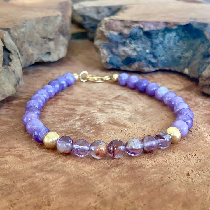 You Are Your Own Guru - Phosphosiderite & Purple Lodolite - Gold Men's Bracelet