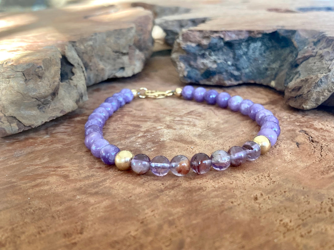 You Are Your Own Guru - Phosphosiderite & Purple Lodolite - Gold Men's Bracelet