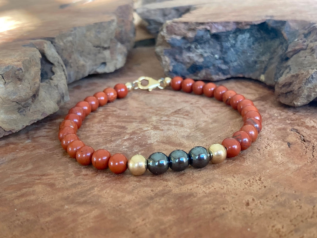 Unshakeable Soul - Red Jasper & Hematite - Gold Men's Bracelet