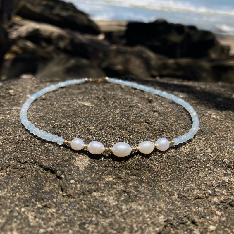 Aquamarine Pearl Gold ladies Necklace