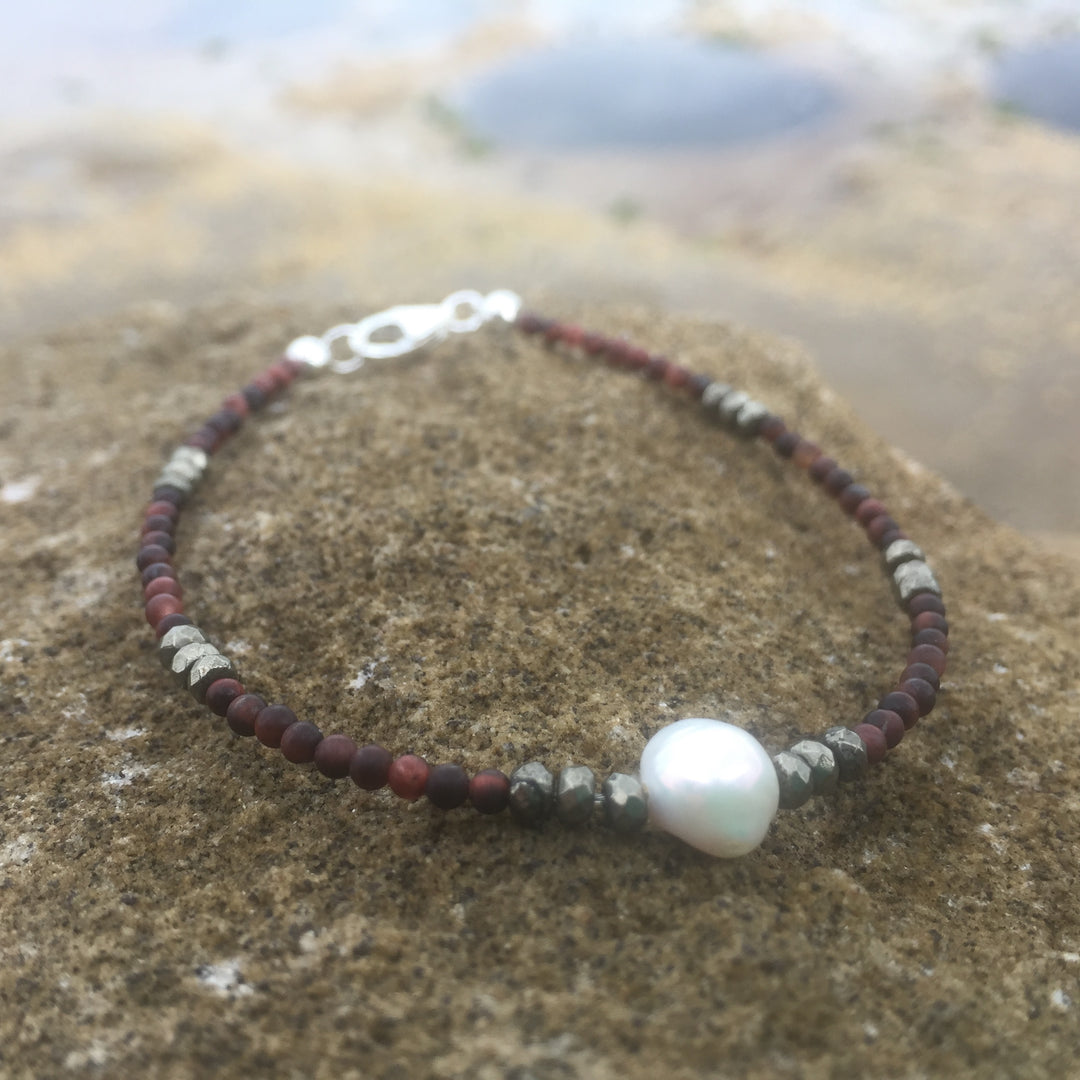 Red Tiger's Eye, Pyrite & Pearl Bracelet