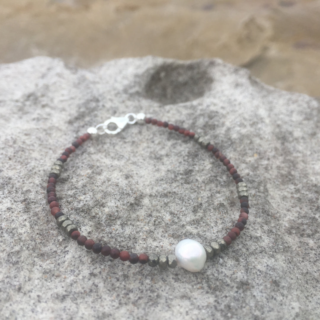 Red Tiger's Eye, Pyrite & Pearl Bracelet