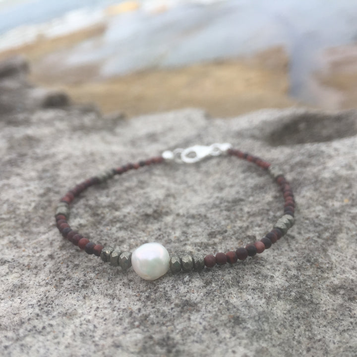 Red Tiger's Eye, Pyrite & Pearl Bracelet