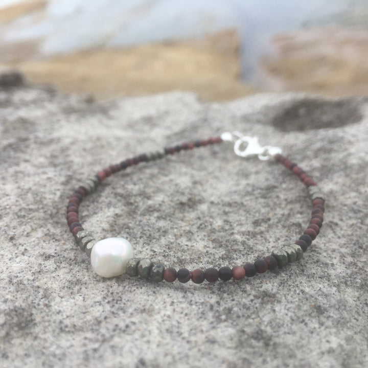 Red Tiger's Eye, Pyrite & Pearl Bracelet