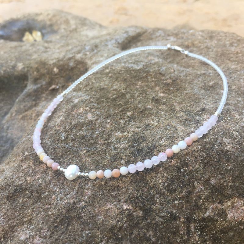 Pink Opal, Rose Quartz & Pearl Necklace