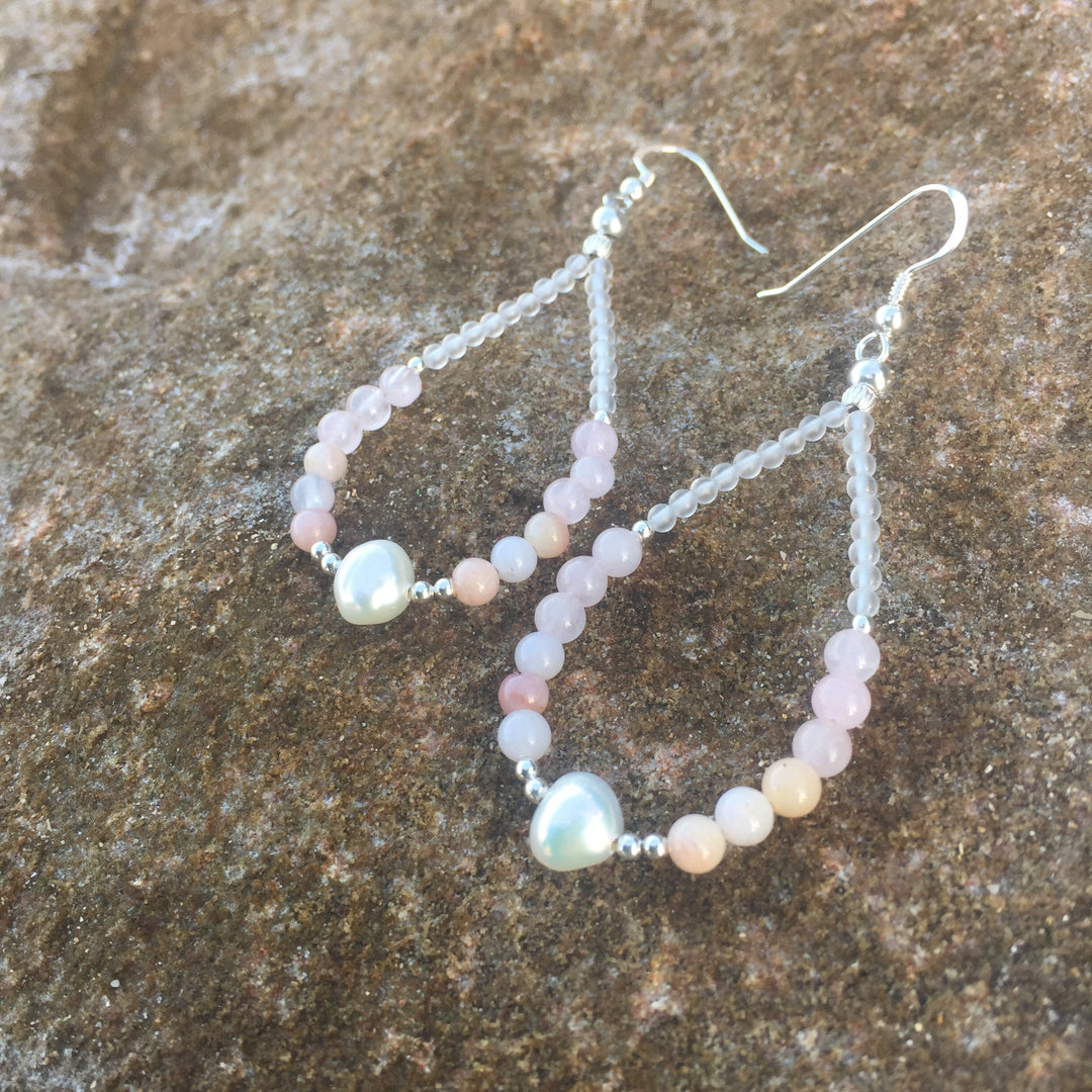 Pink Opal, Rose Quartz & Pearl Earrings