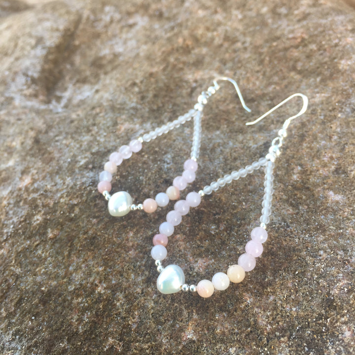 Pink Opal, Rose Quartz & Pearl Earrings