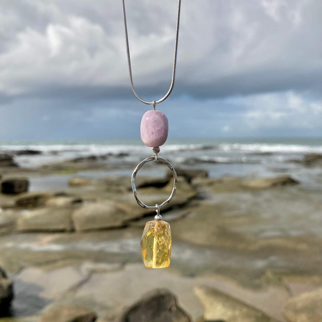 Kunzite & Amber Pendant crystal Necklace