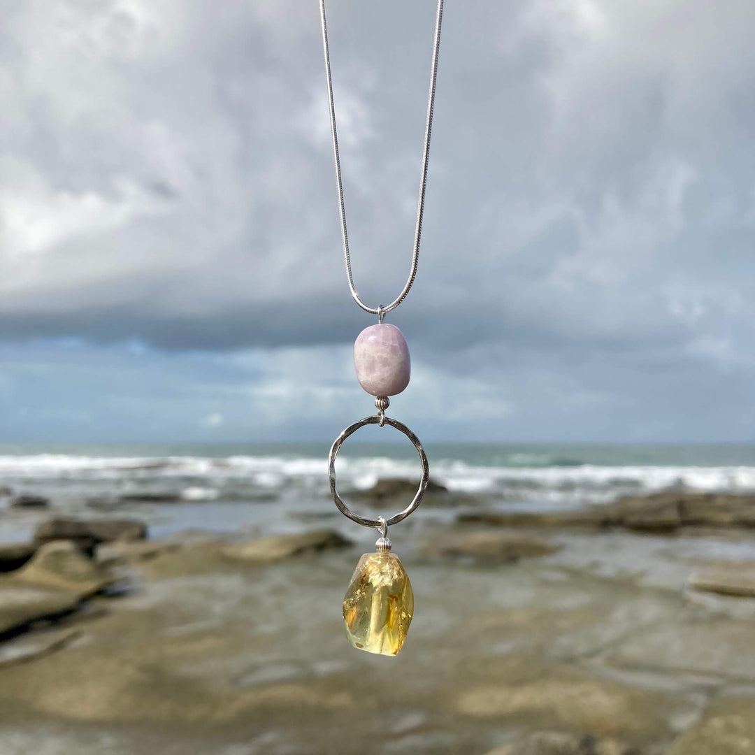 Kunzite & Amber Pendant healing Necklace