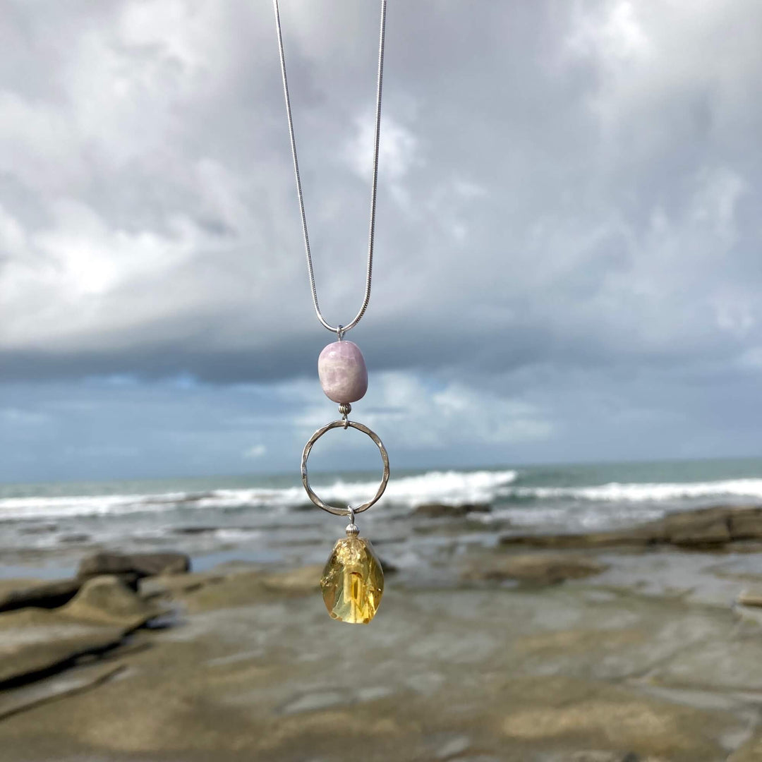 Kunzite & Amber Pendant Necklace for healing