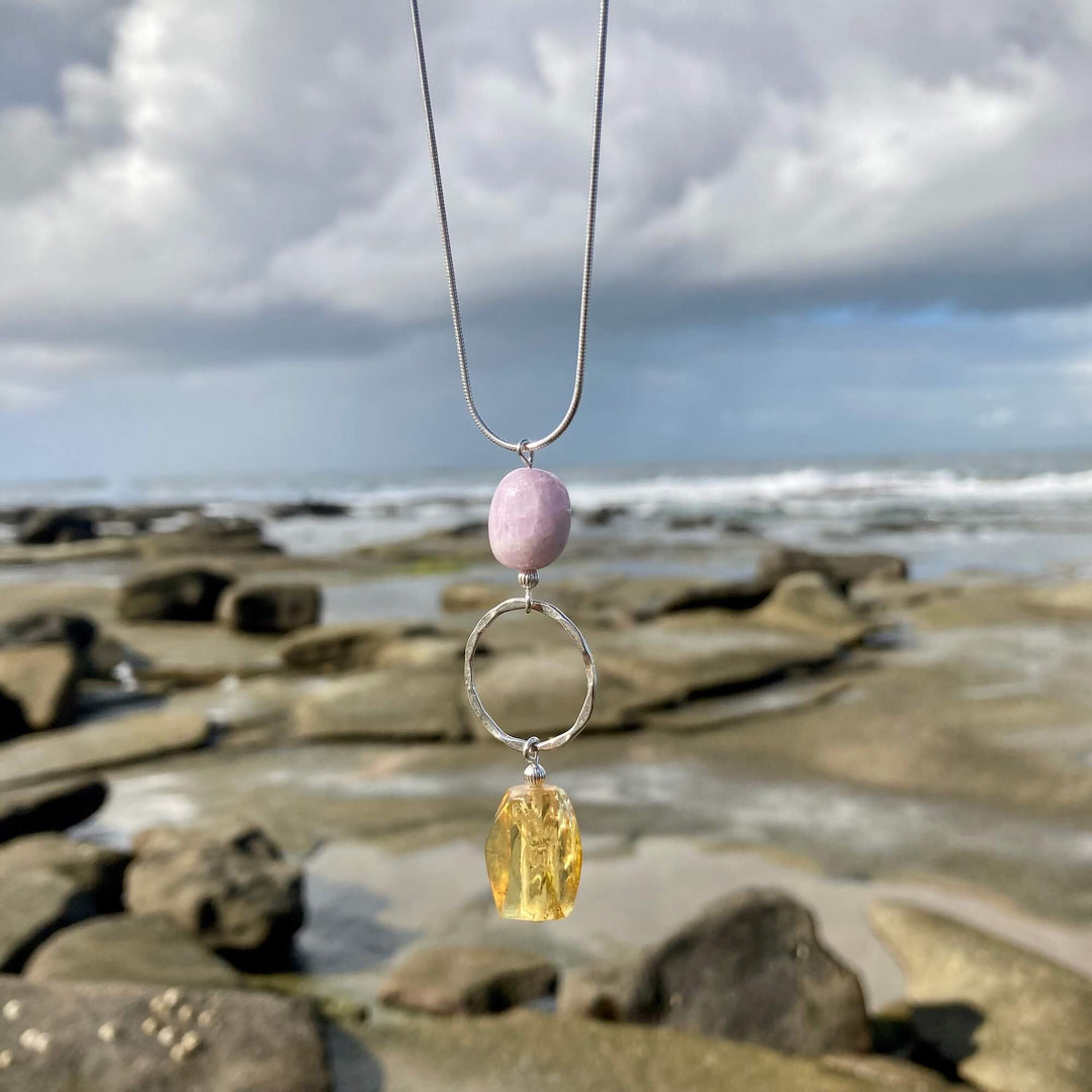 Kunzite & Amber Pendant crystal Necklace