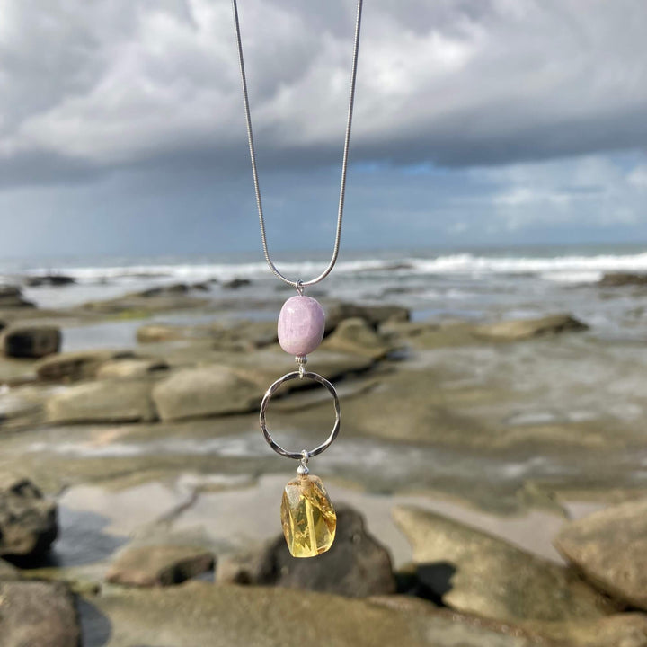 Kunzite & Amber Pendant healing Necklace