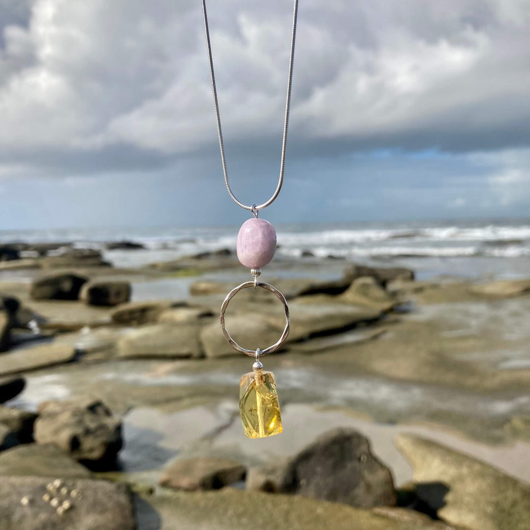 Kunzite & Amber Pendant Necklace