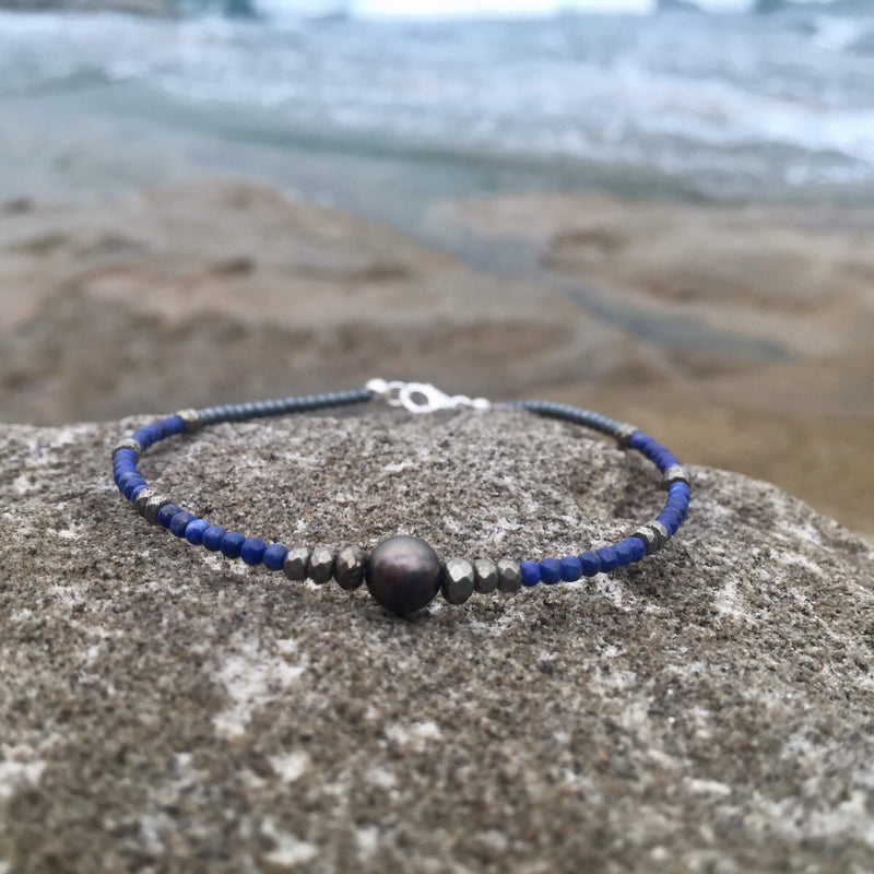 Lapis Lazuli, Pyrite & Black Pearl Anklet for women