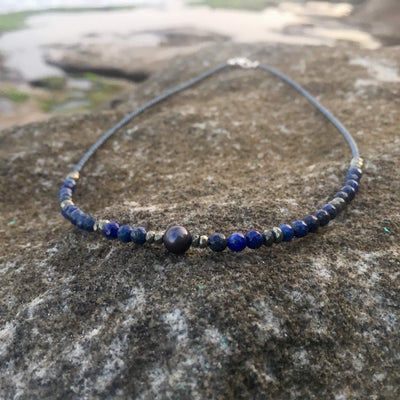 Lapis Lazuli, Pyrite & Black Pearl Crystal Necklace