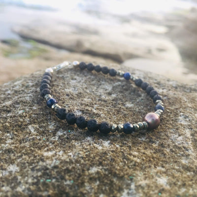 Lapis Lazuli, Pyrite & Black Pearl Lava Stone Bracelet